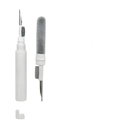 White dual-end earphone cleaning pen, 13 cm long with bristle brush and metal tip for dust and wax removal