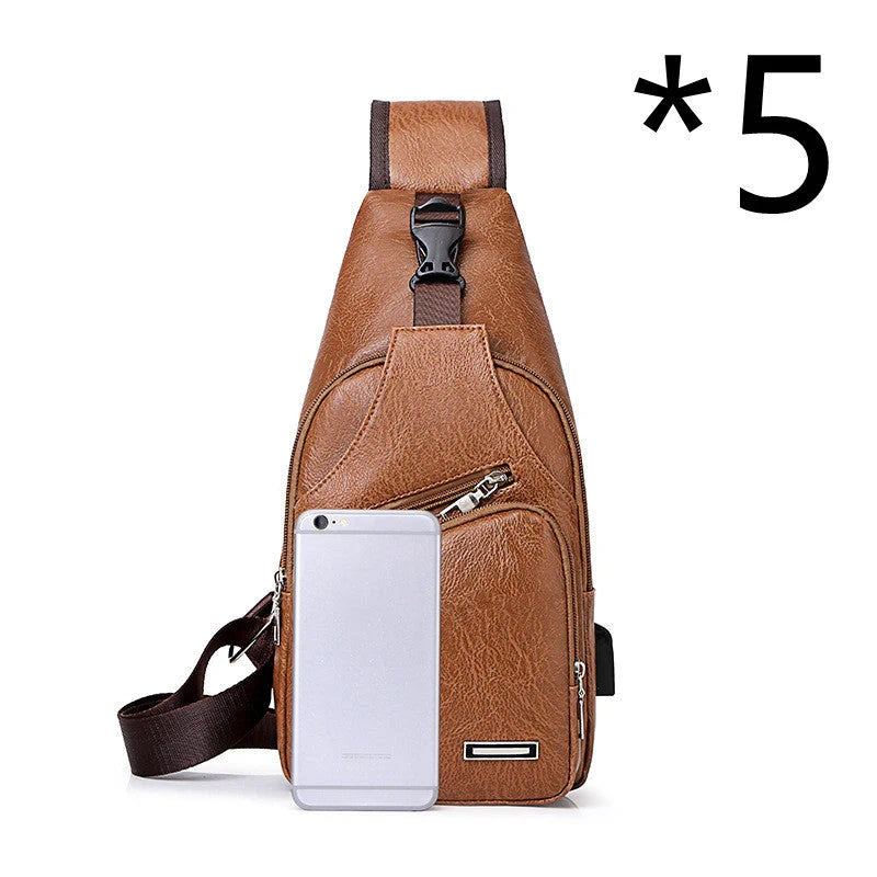 Stylish Men's USB Charging Chest Bag in Black, Coffee, and Light Brown colours