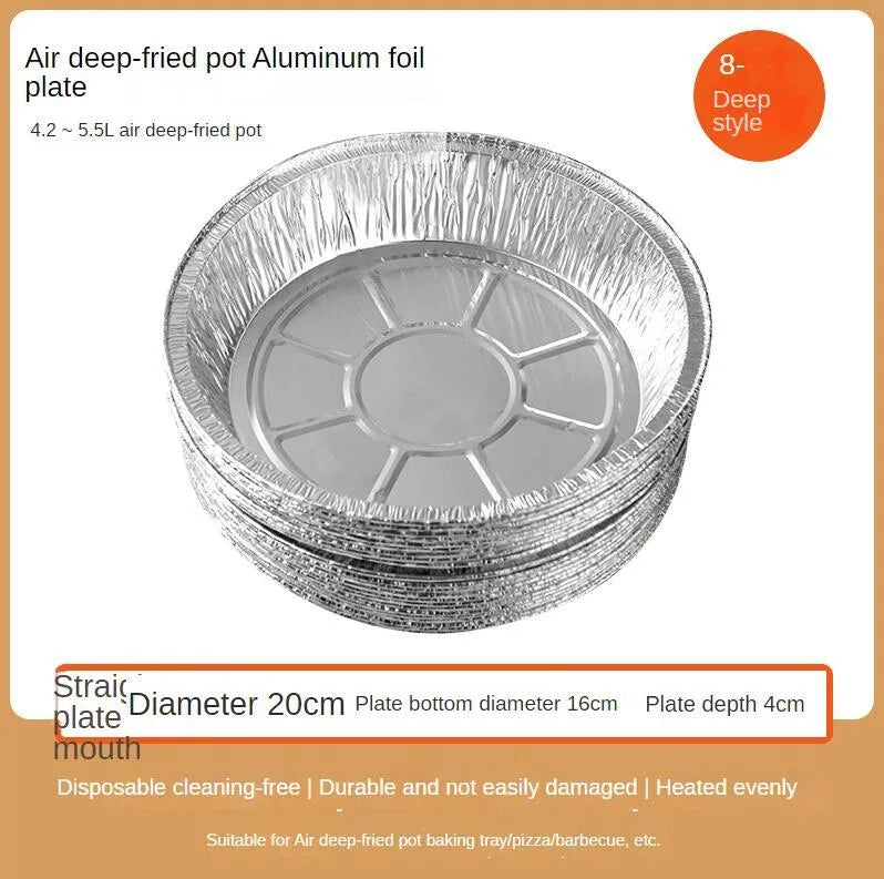 Round disposable aluminium foil liners for air fryers in four different sizes on a kitchen counter.