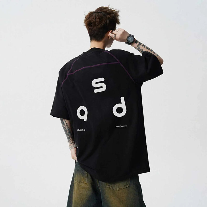 Cotton letter print short-sleeve T-shirt available in multiple colours and sizes including black, white, and upgraded versions, loose-fit men's casual T-shirt with short sleeves and round neck collar for everyday wear in sizes M, L, XL, and 2XL.