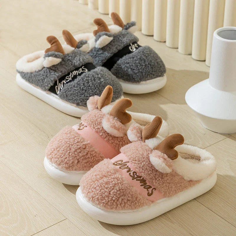 Cozy elk-themed winter home slippers in various candy colors with soft suede upper and supportive EVA sole