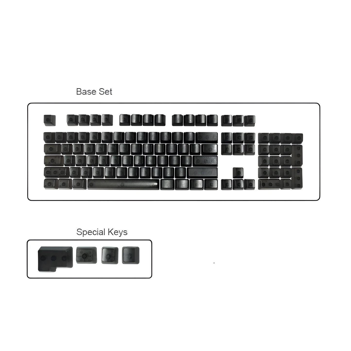 Set of 104 transparent PBT mechanical keyboard keycaps in orange, white, blue, and black colours on a black background.