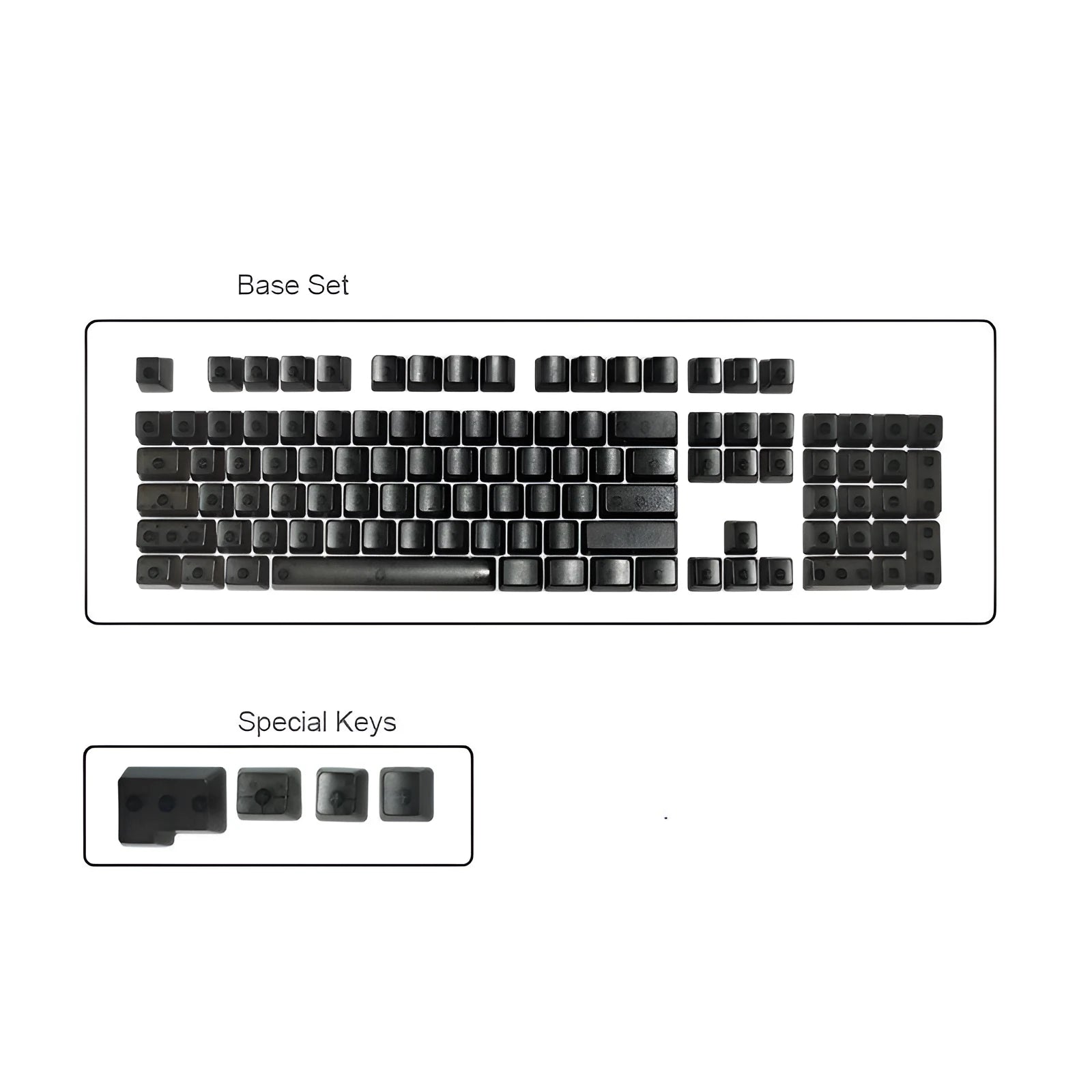 Set of 104 transparent PBT mechanical keyboard keycaps in orange, white, blue, and black colours on a black background.