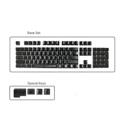 Set of 104 transparent PBT mechanical keyboard keycaps in orange, white, blue, and black colours on a black background.