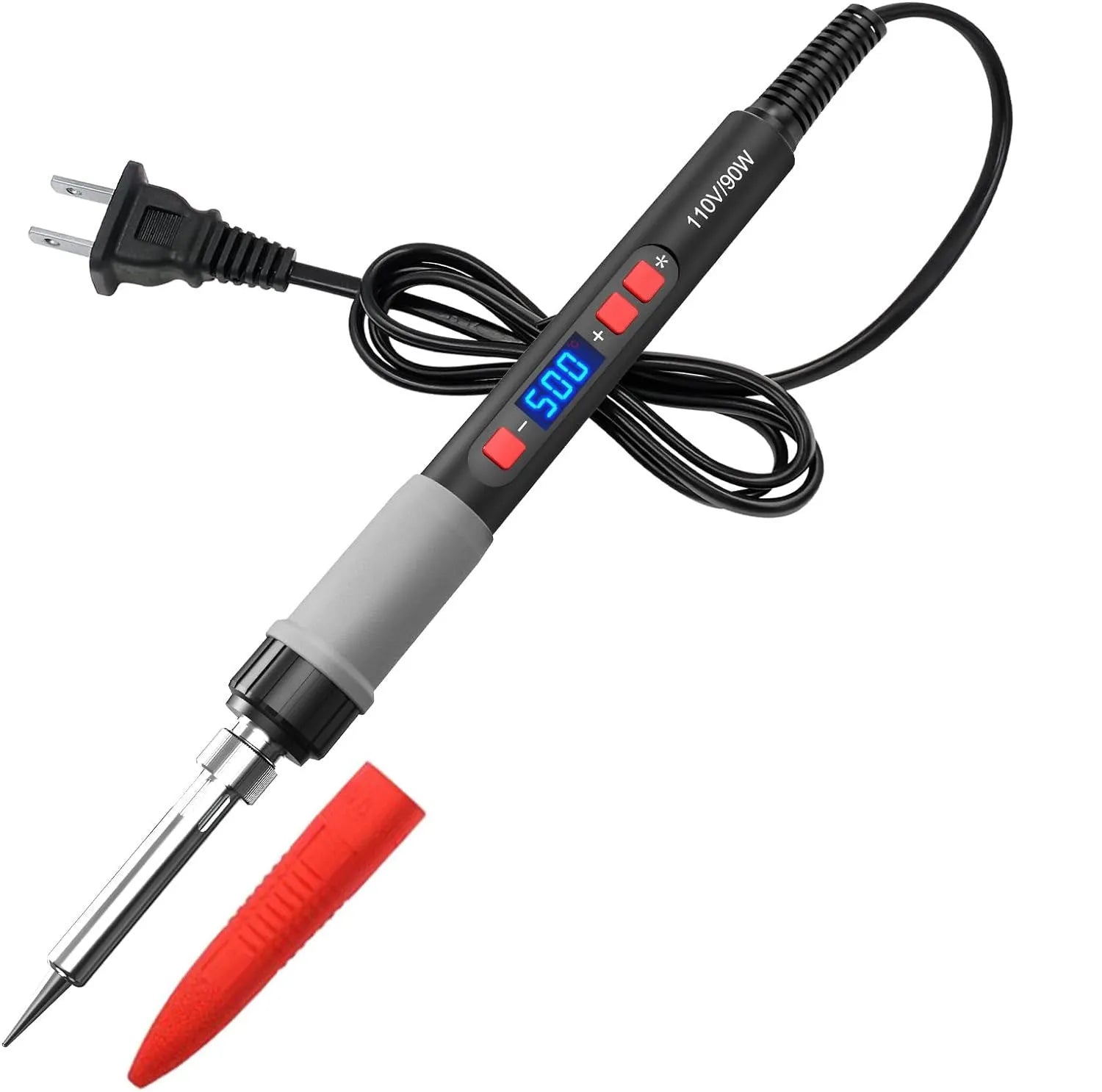 Gray 90W electric soldering iron with ceramic heating core, stand, and five soldering tips.