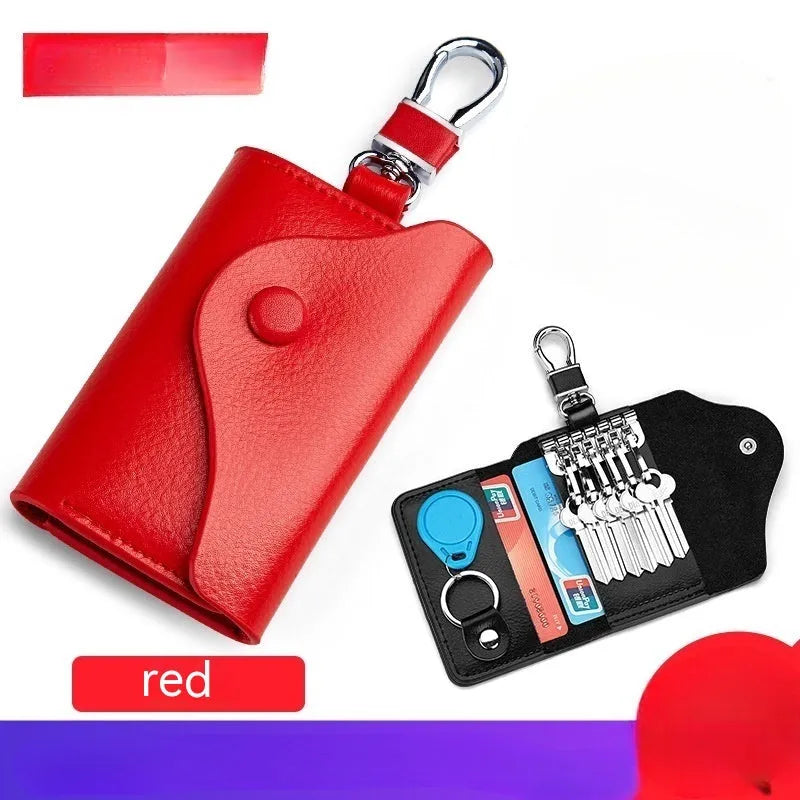 Genuine leather keychain card holder in square vertical design with internal key mapping structure