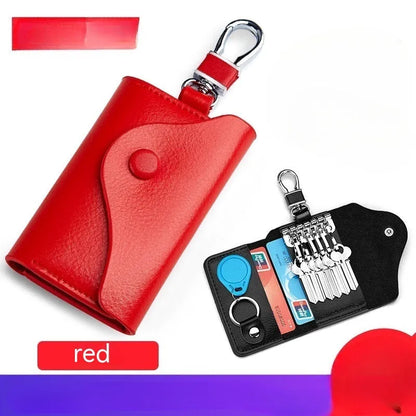 Genuine leather keychain card holder in square vertical design with internal key mapping structure