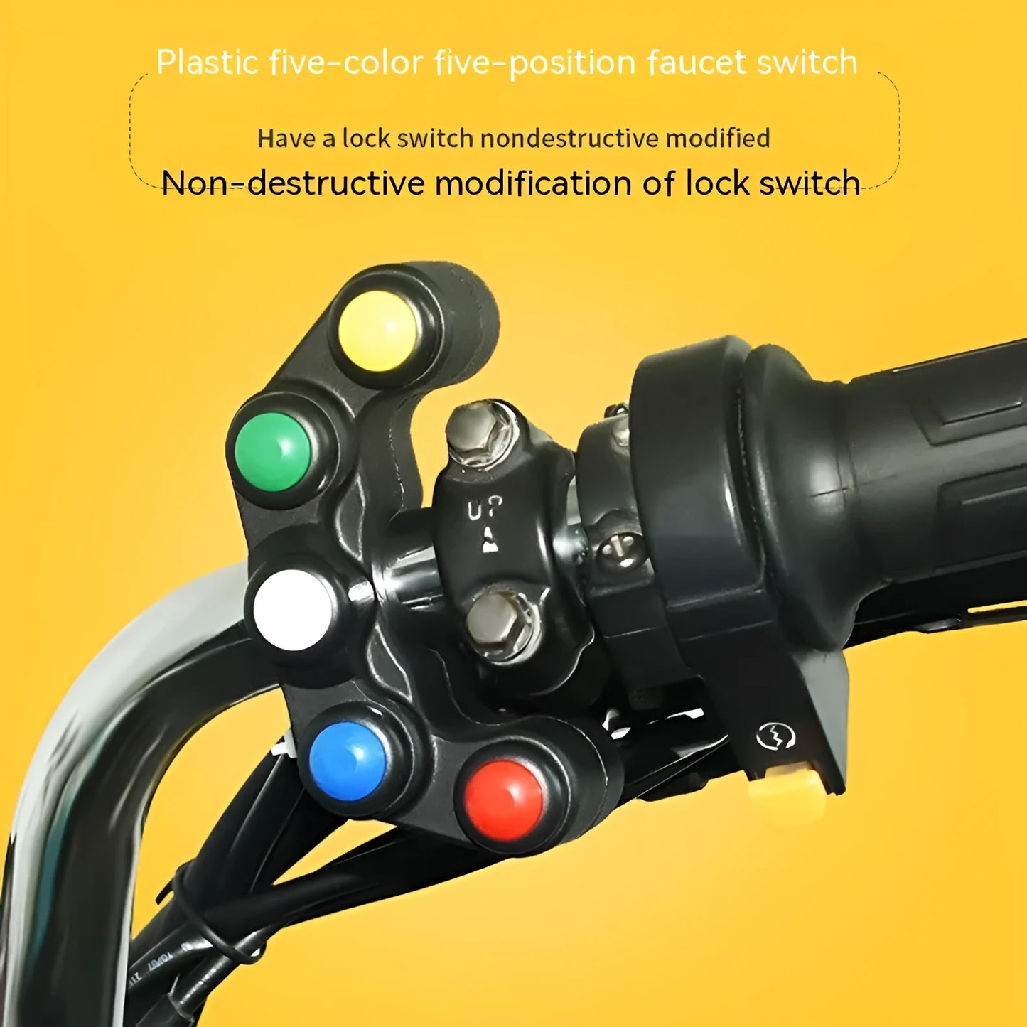 Plastic five-colour five-position vehicle function switch with red, yellow, blue, green, and white buttons and a black cable.