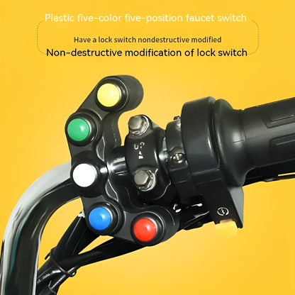 Plastic five-colour five-position vehicle function switch with red, yellow, blue, green, and white buttons and a black cable.