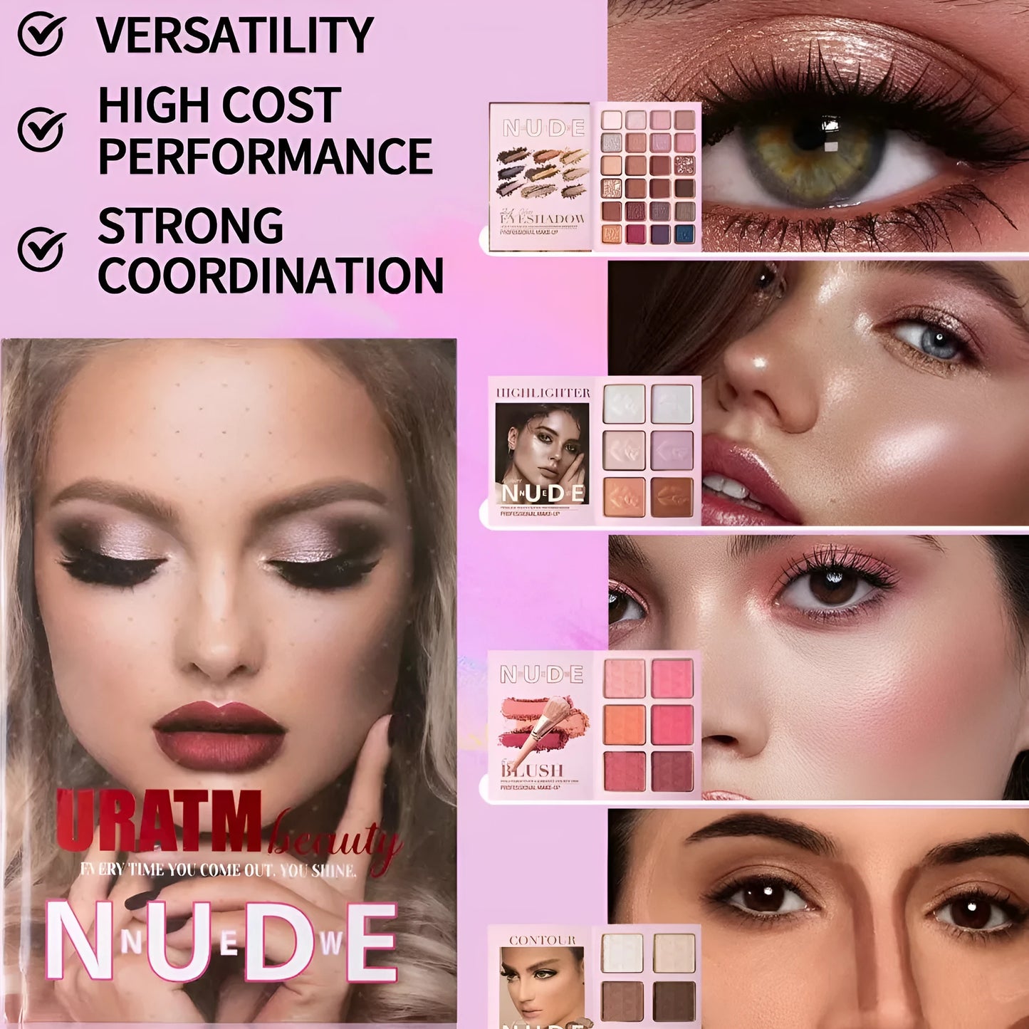 Makeup palette open showing eye shadows, matte blush, shimmer blush, and highlighter powders in shade U137A.