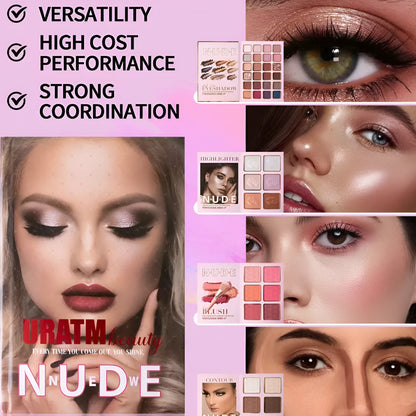 Makeup palette open showing eye shadows, matte blush, shimmer blush, and highlighter powders in shade U137A.