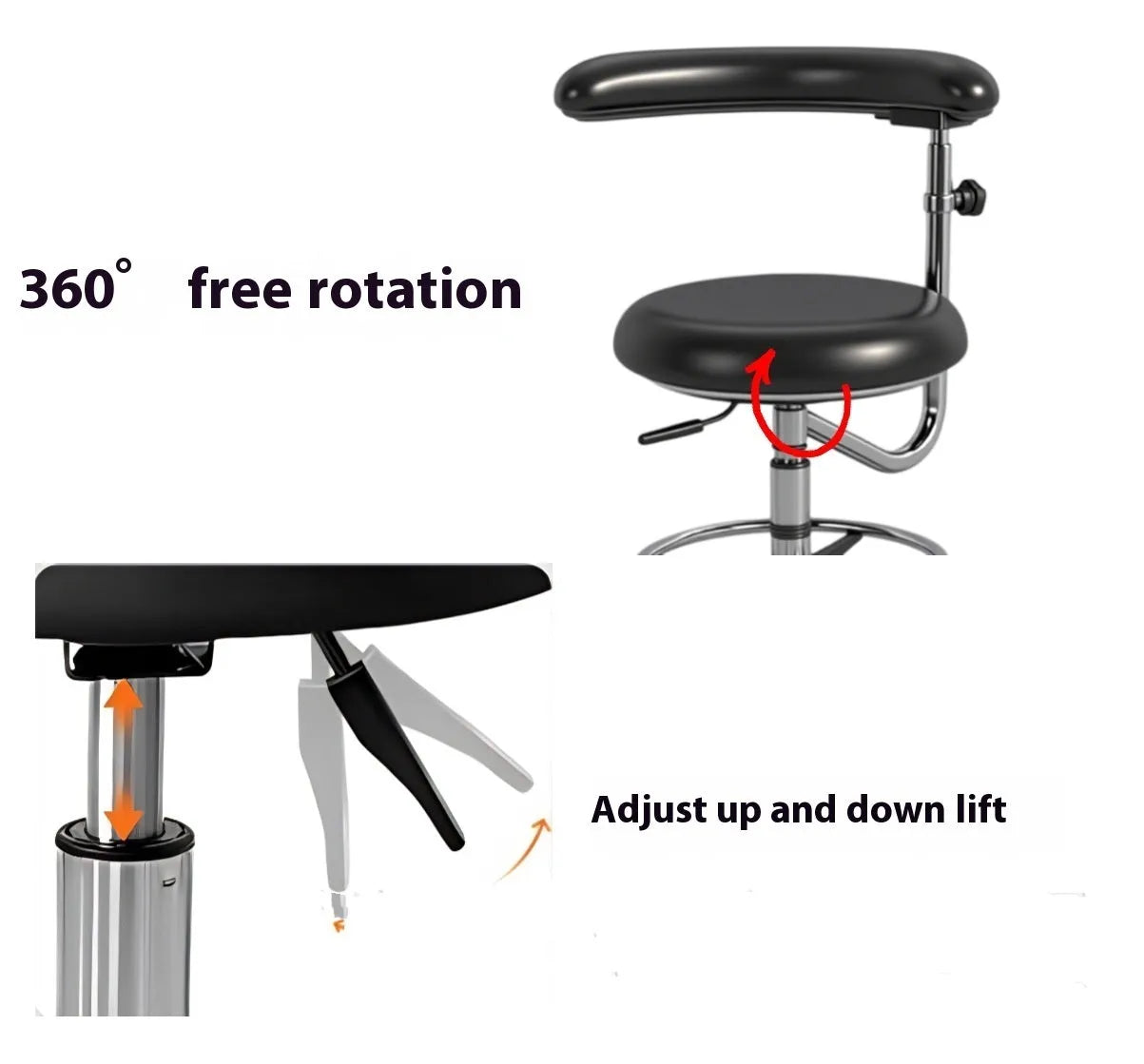 Black leather hydraulic dental chair with integrated nurse stool for clinical use.