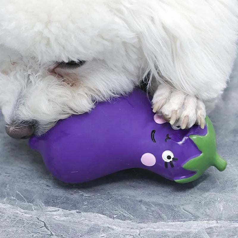 Cartoon onion and eggplant latex dog chew toy in green, orange, or purple colour options.