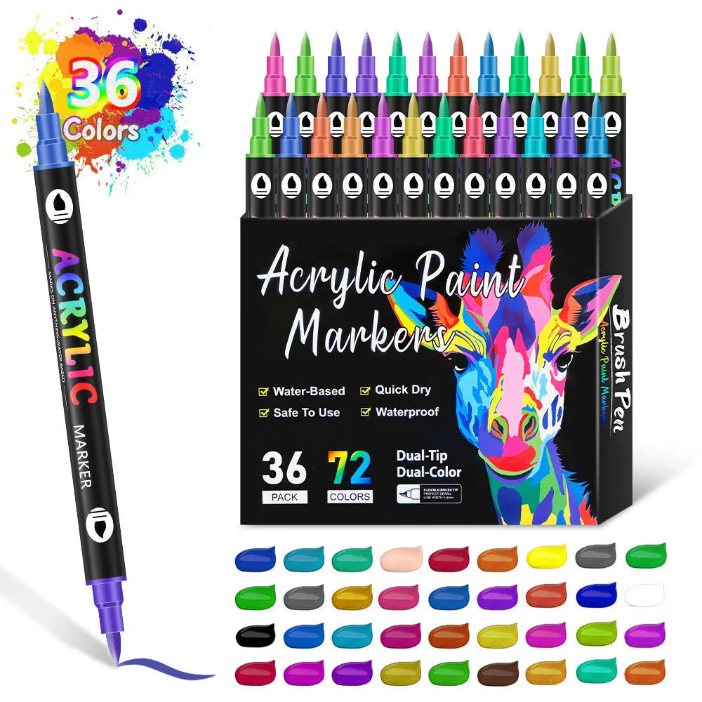 Set of double-ended acrylic marker pens showing fine tip and broad chisel tip on each pen.