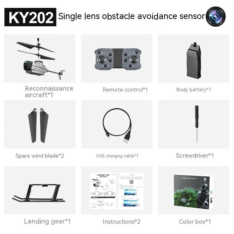 Heifeng grey plastic obstacle avoidance helicopter drone with coloured LEDs, remote control, and spare blades