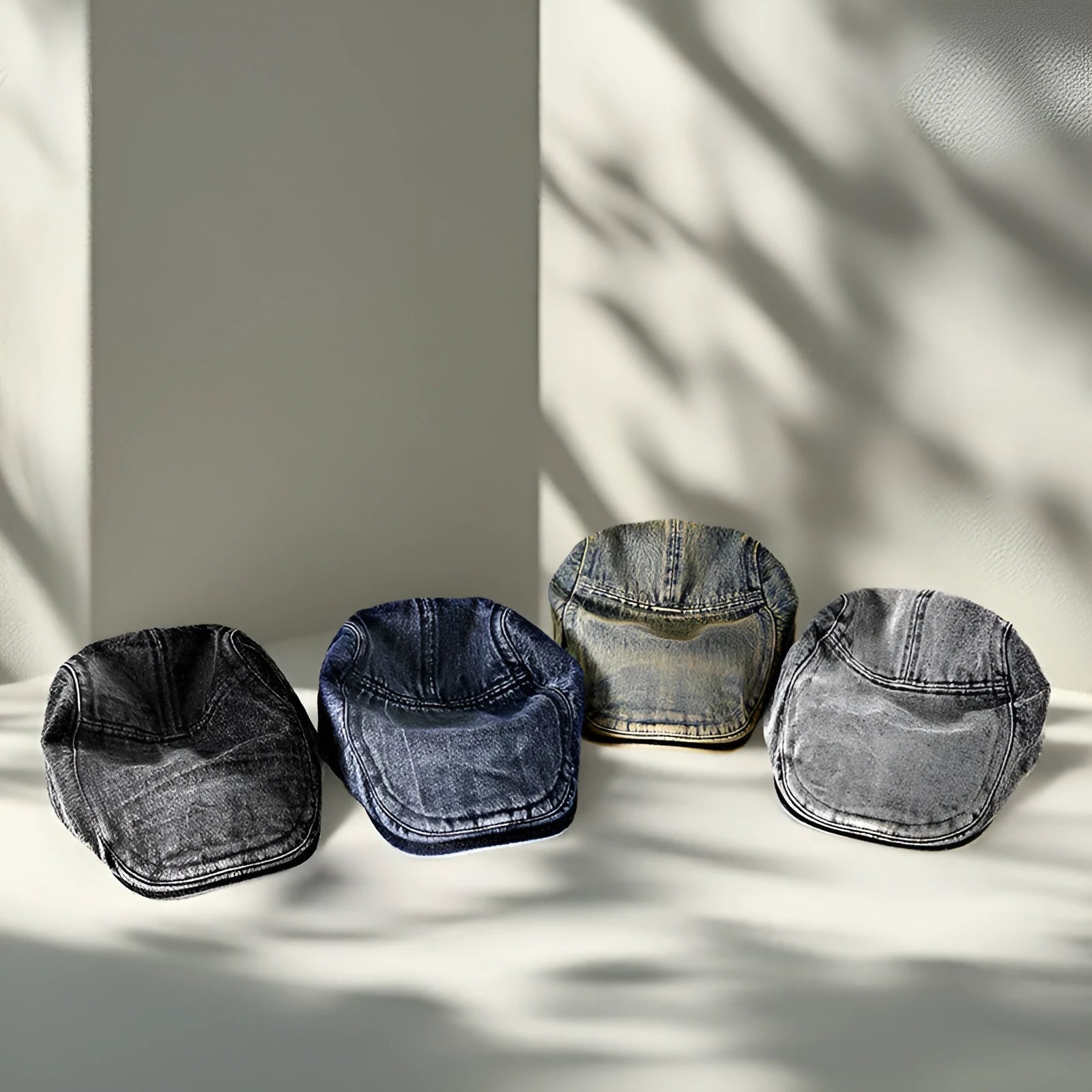 Men's flat crown denim baseball cap in washed cotton, shown in retro yellow colour