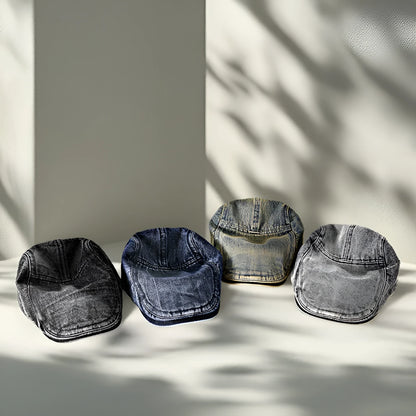 Men's flat crown denim baseball cap in washed cotton, shown in retro yellow colour