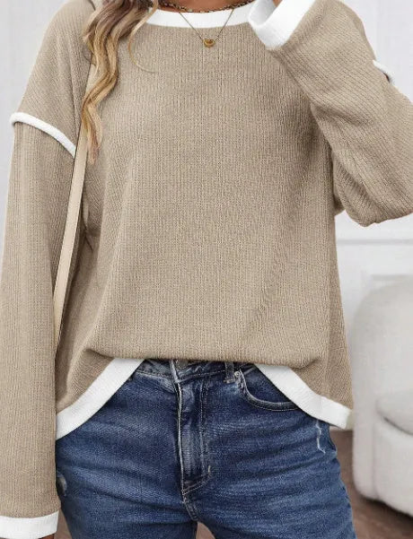Women's drop shoulder loose knit top with contrast trim in four leaf clover colour