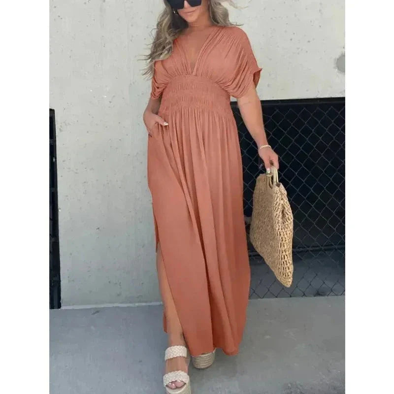 Elegant bat-sleeve v-neck slit dress in a variety of summer colors, featuring a flattering silhouette and comfortable polyester fabric