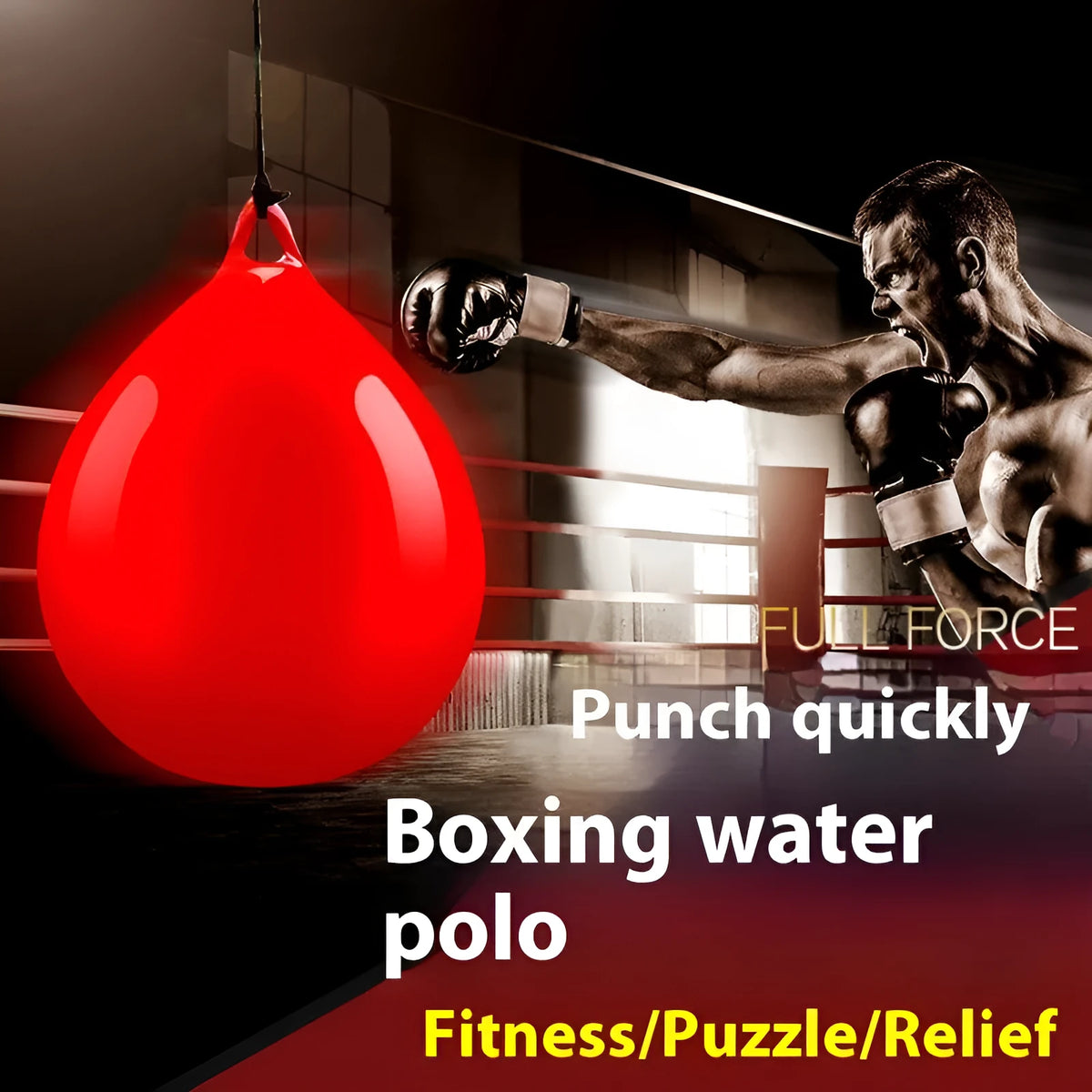 Red water-filled PVC boxing reaction ball with hook rope for hanging speed training drills.