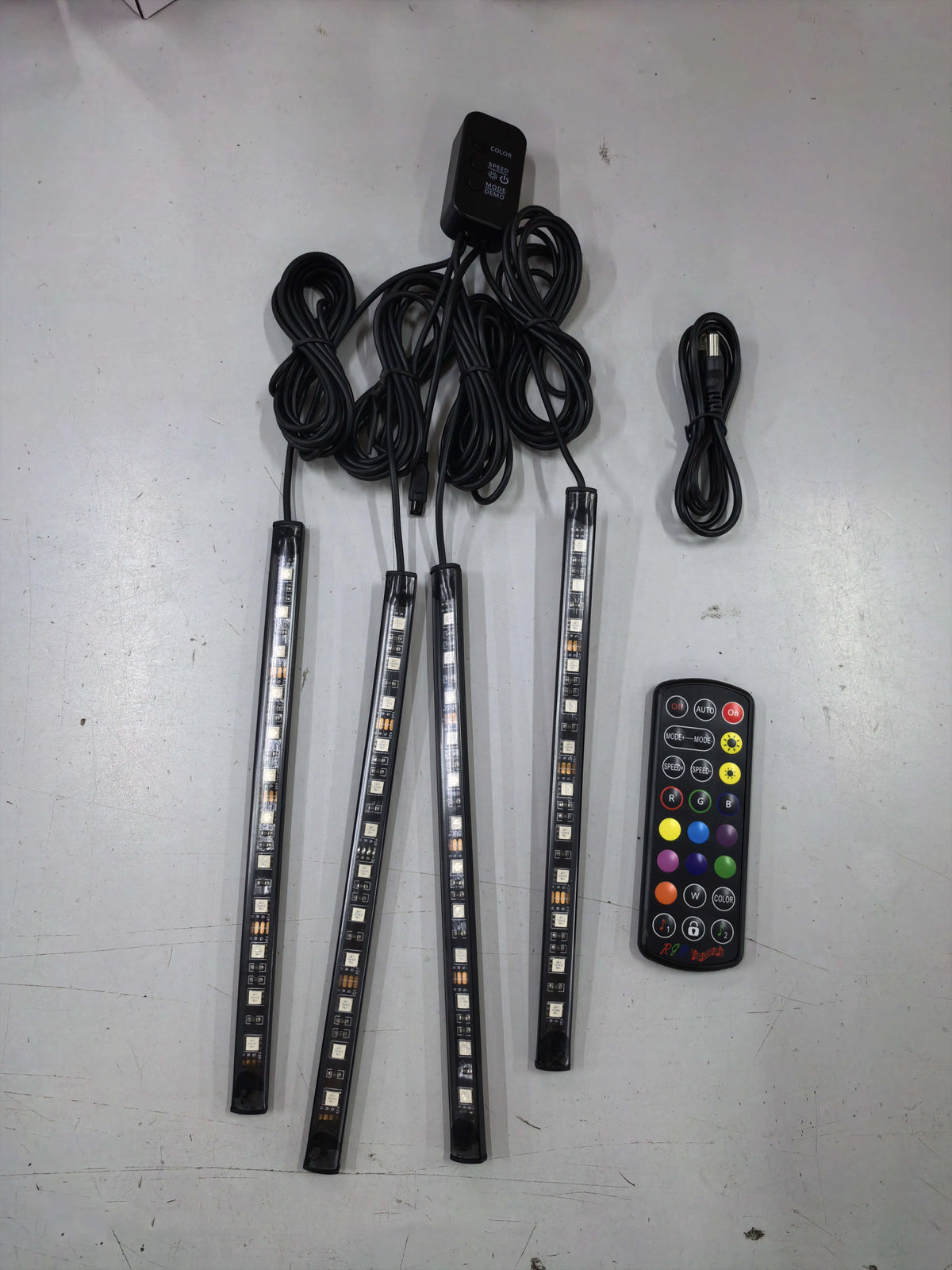 Car sole atmosphere lamp set with four LED light bars, 5V USB and 12V, music sound control, IP65