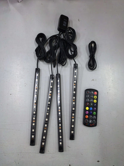 Car sole atmosphere lamp set with four LED light bars, 5V USB and 12V, music sound control, IP65