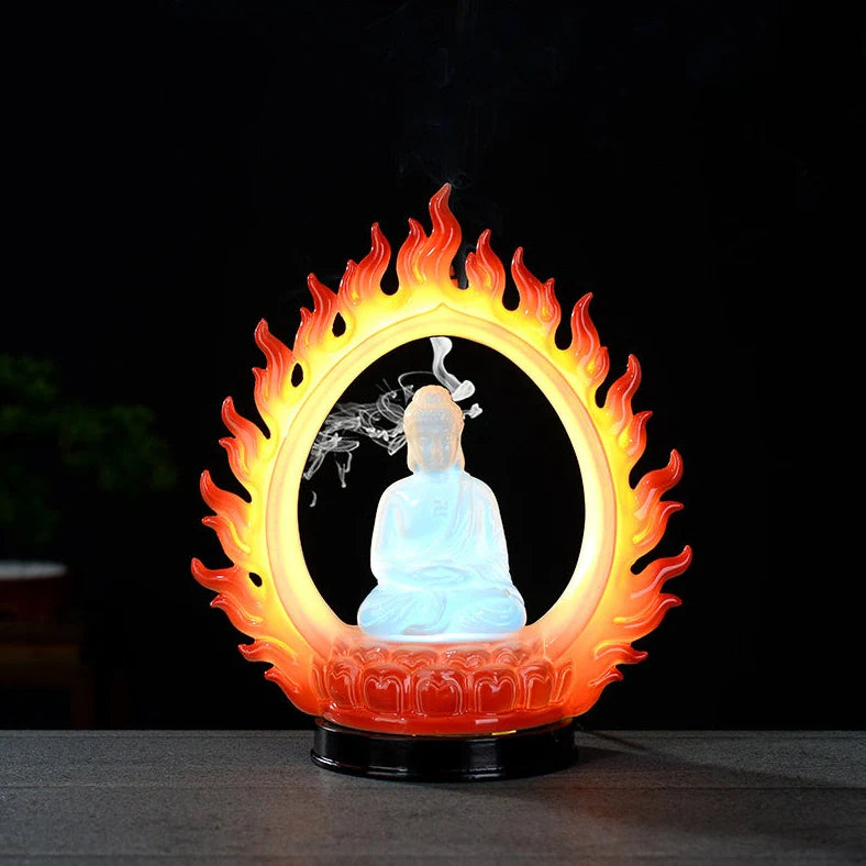Purple clay tea pet ornament with downward flowing incense smoke and warm LED illumination