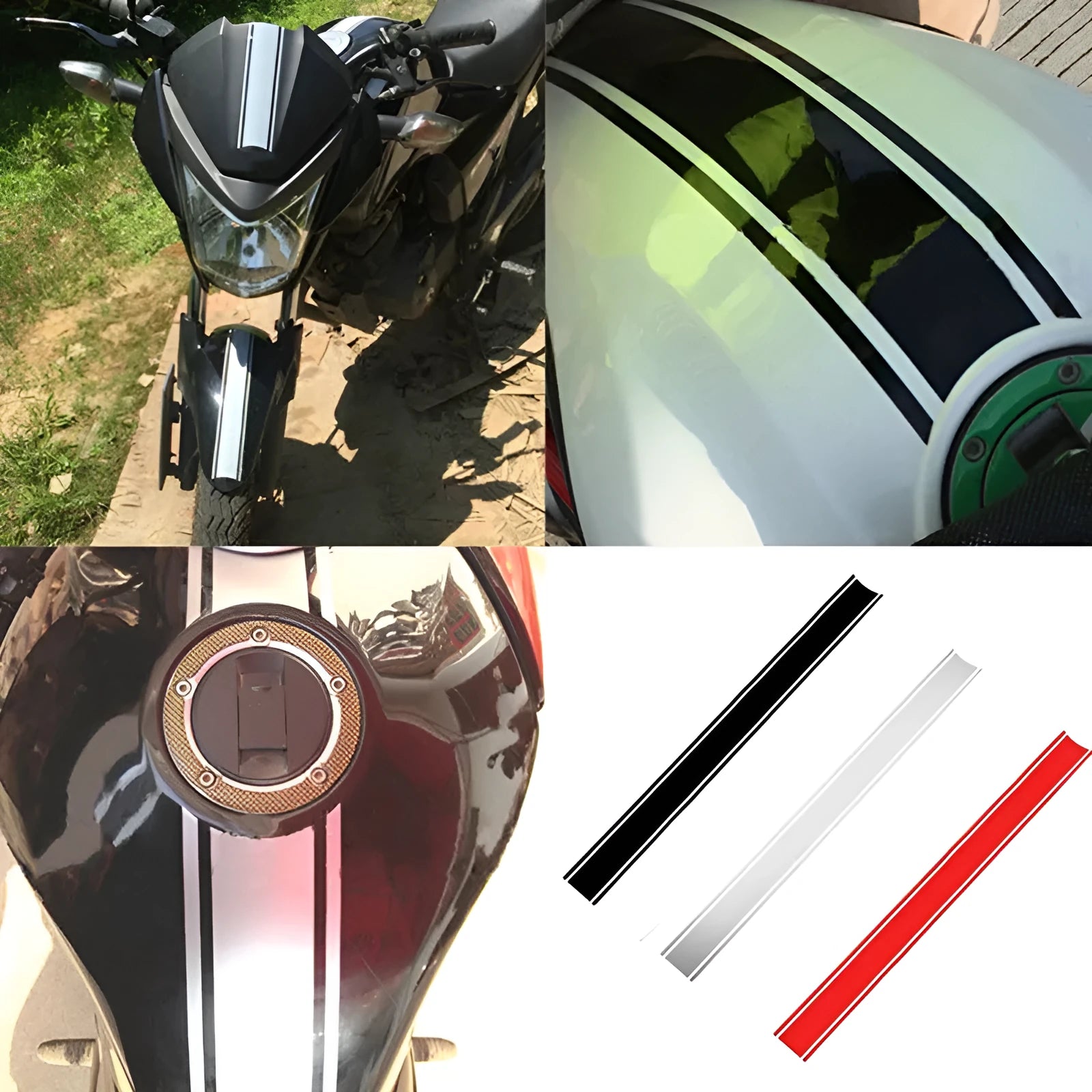 Motorcycle reflective pinstripe sticker in black, red, silver, and yellow options, 50 cm long