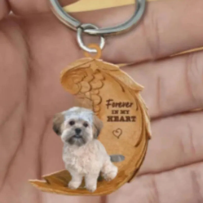 Square acrylic car hanging ornament with a colourful cute dog picture, measuring 9cm by 9cm.