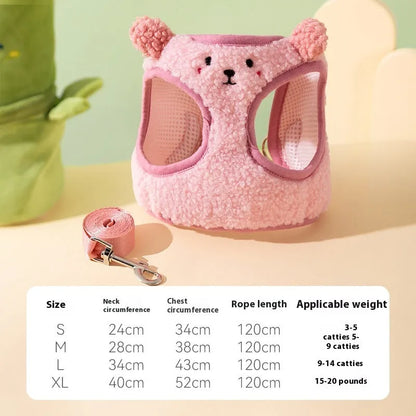 Lambswool animal-shaped dog lead and chest harness set with hand-holding rope in panda and bear designs