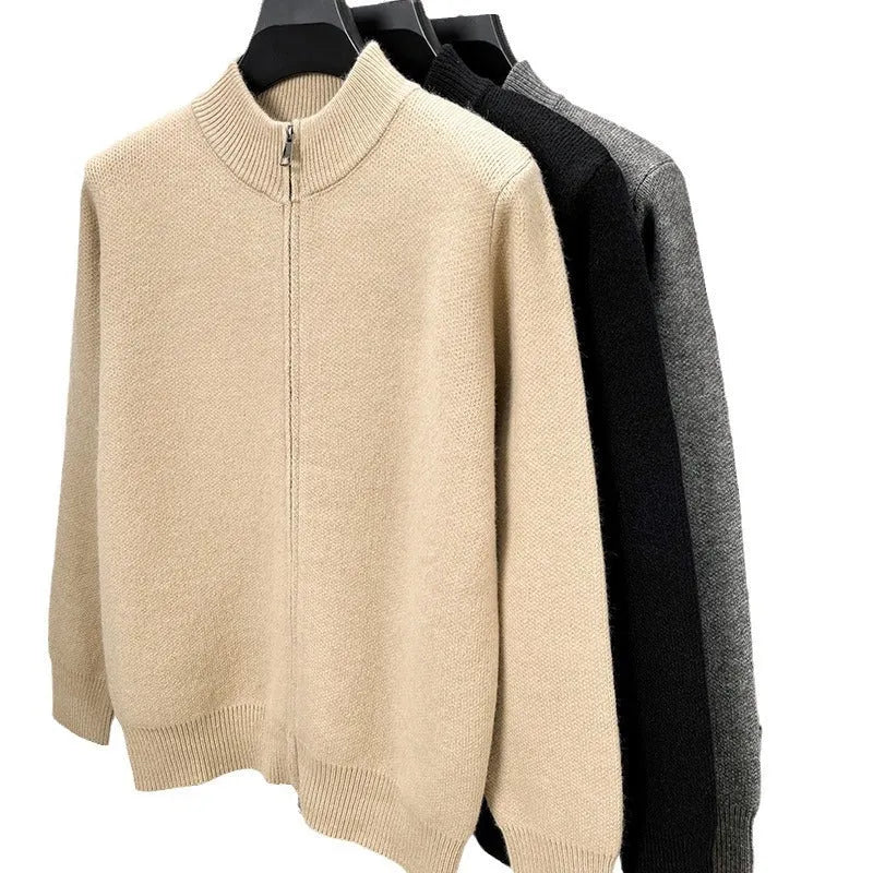 Men's grey knitted zip cardigan with stand collar showing loose fit and thickened fabric texture