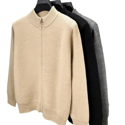 Men's grey knitted zip cardigan with stand collar showing loose fit and thickened fabric texture