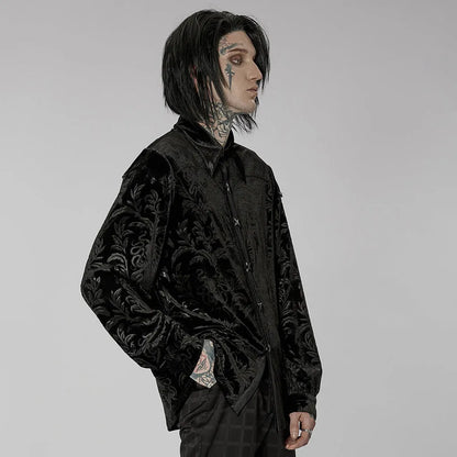 Black men's velvet shirt with pointed collar, long sleeves, and decorative printing and flocking fasteners.
