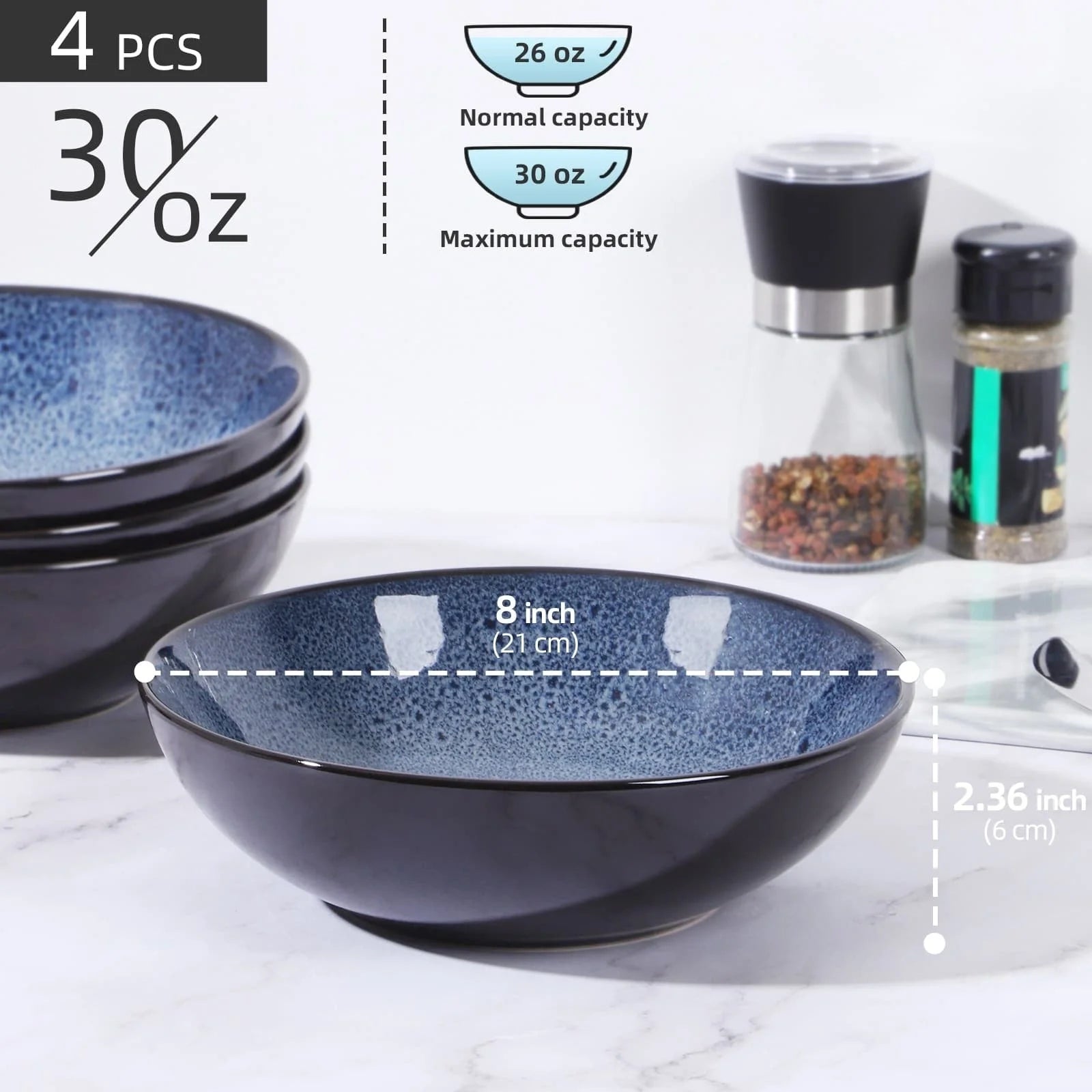 Unique peacock green ceramic bowl set, 30oz each, dishwasher, microwave, and oven safe