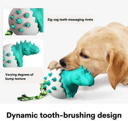 Blue dinosaur-shaped dog chew toy with rope attached, showing textured surface with nubs and grooves