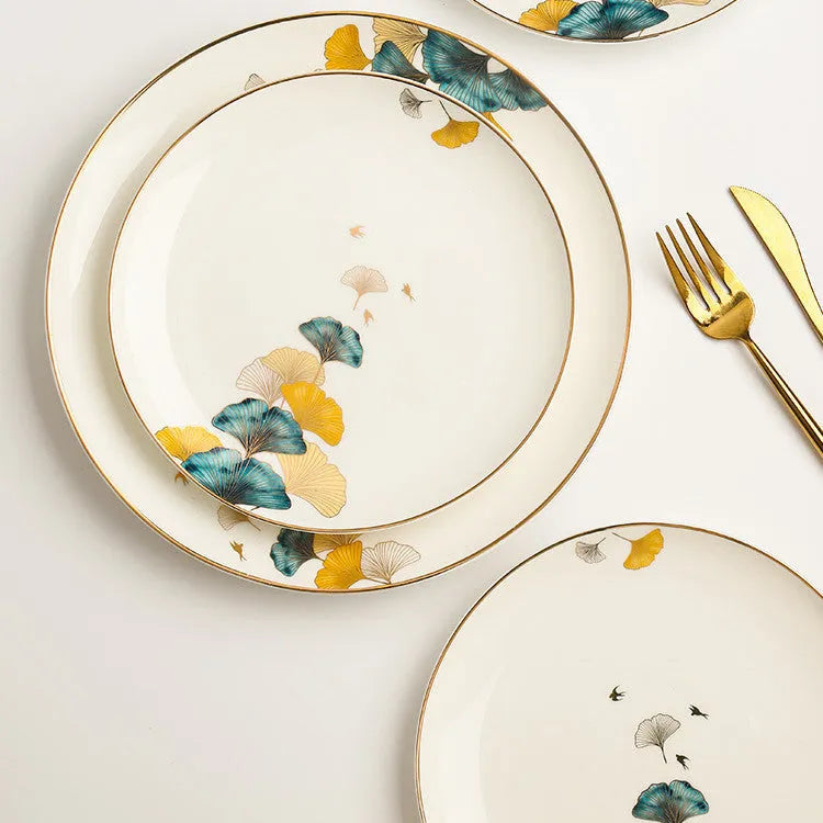 Round porcelain dinner plate with Nordic plant and flower design, flat disk shape, glaze colour finish