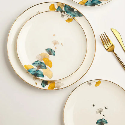 Round porcelain dinner plate with Nordic plant and flower design, flat disk shape, glaze colour finish