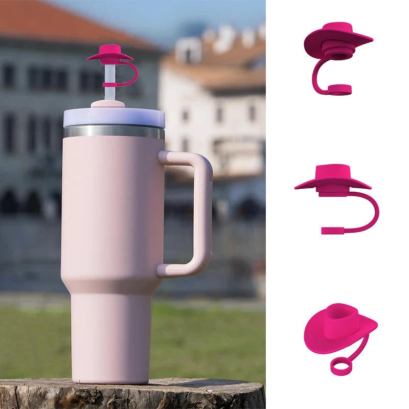 Stylish cowboy hat-shaped straw covers made of food-grade silicone in vibrant macaroon colors for protecting and decorating drinks