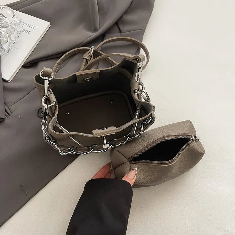 Retro soft PU leather shoulder bucket bag in black with internal organiser compartments