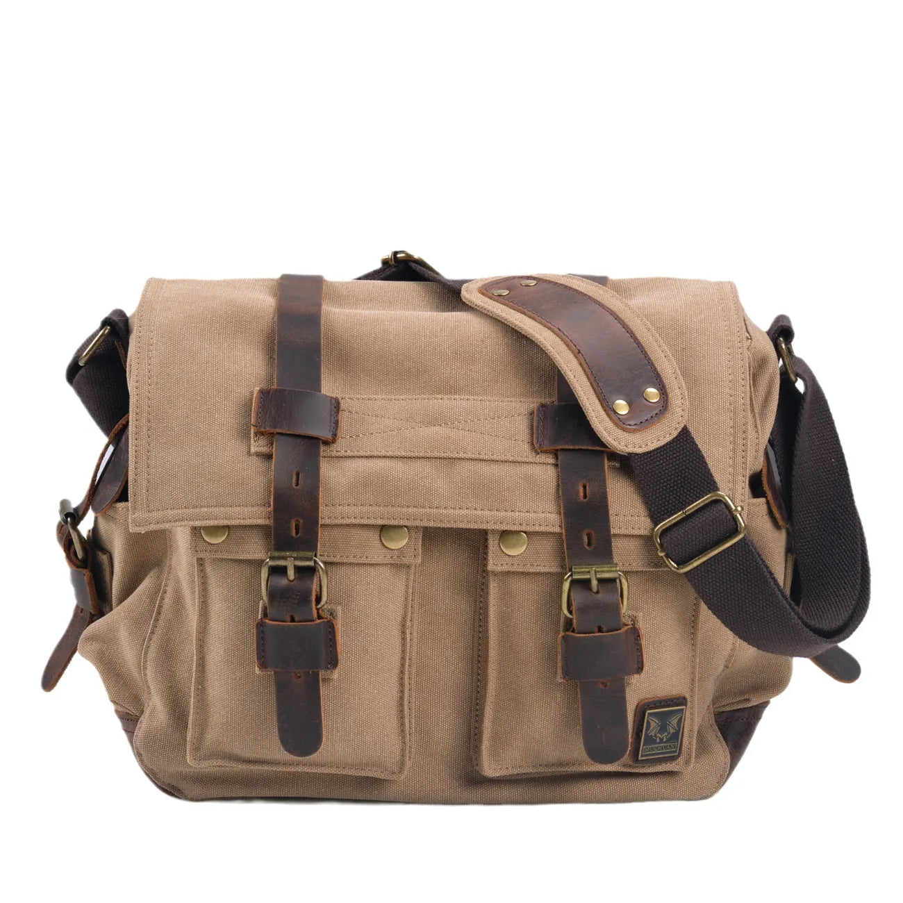 Men's canvas crossbody shoulder bag with cowhide accents and flap closure in retro postman style