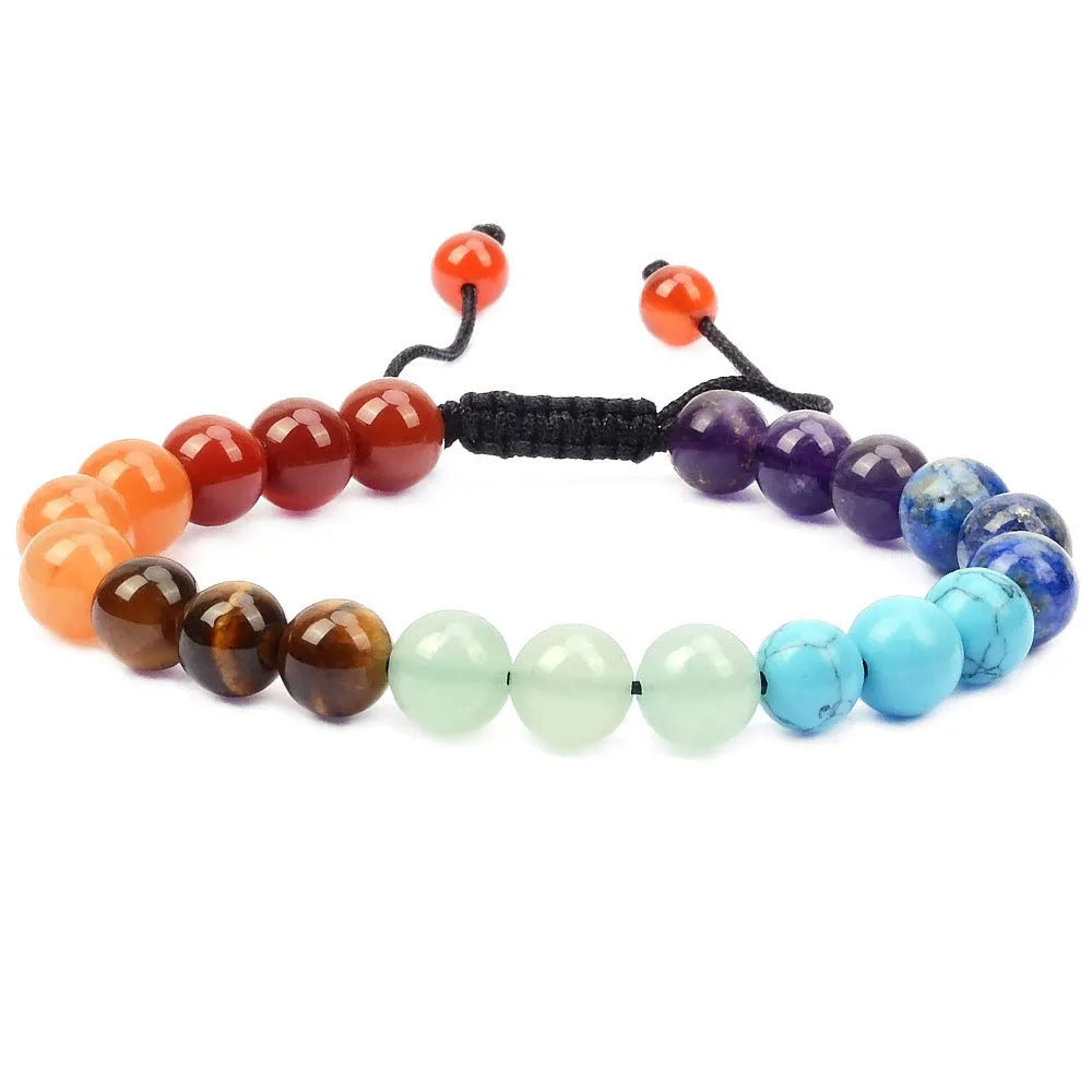 Women's flat knot braided healing bracelet hand-woven with natural gemstone beads in geometric pattern