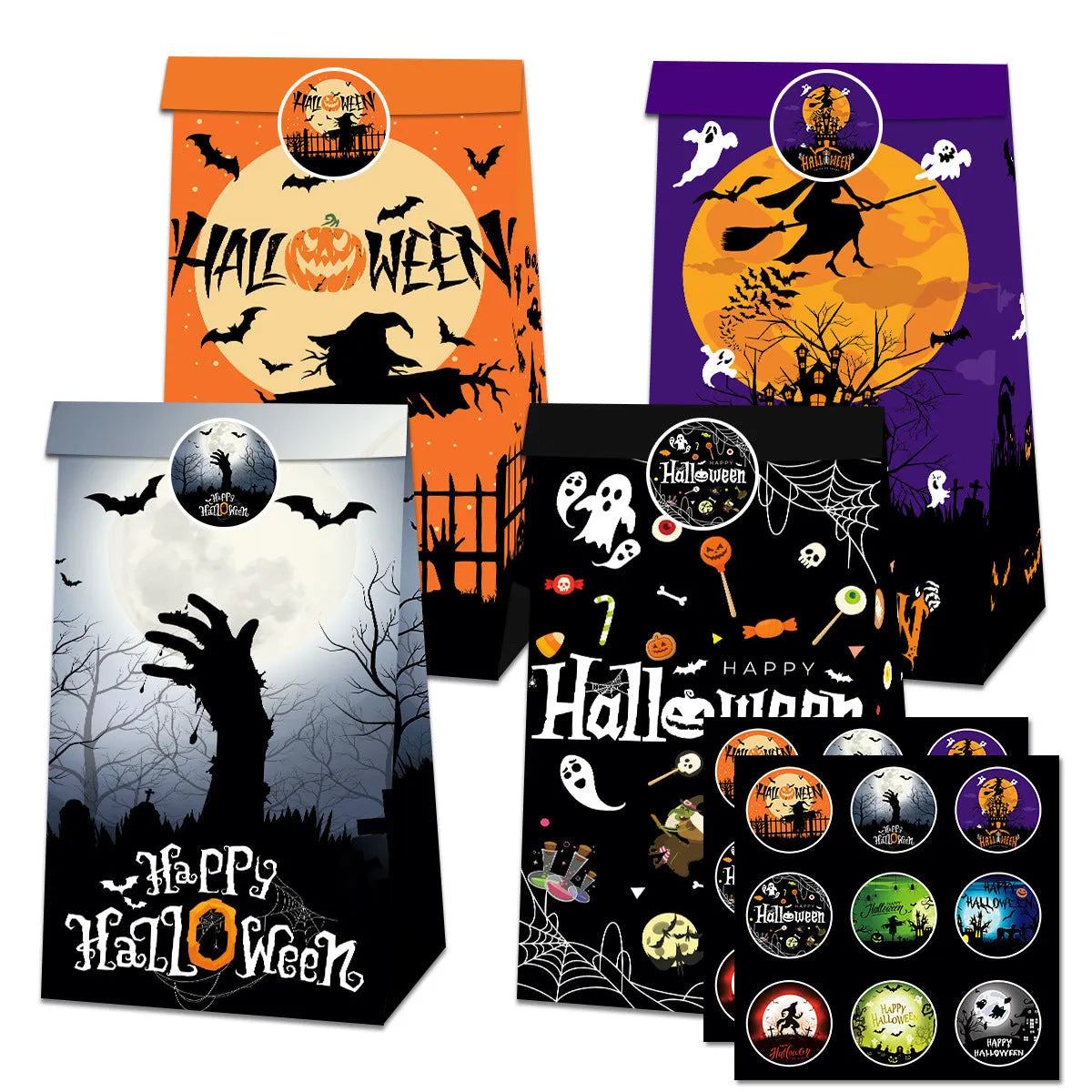 Set of 12 Halloween-themed paper bags and 18 decorative paper sealing stickers for party treats.