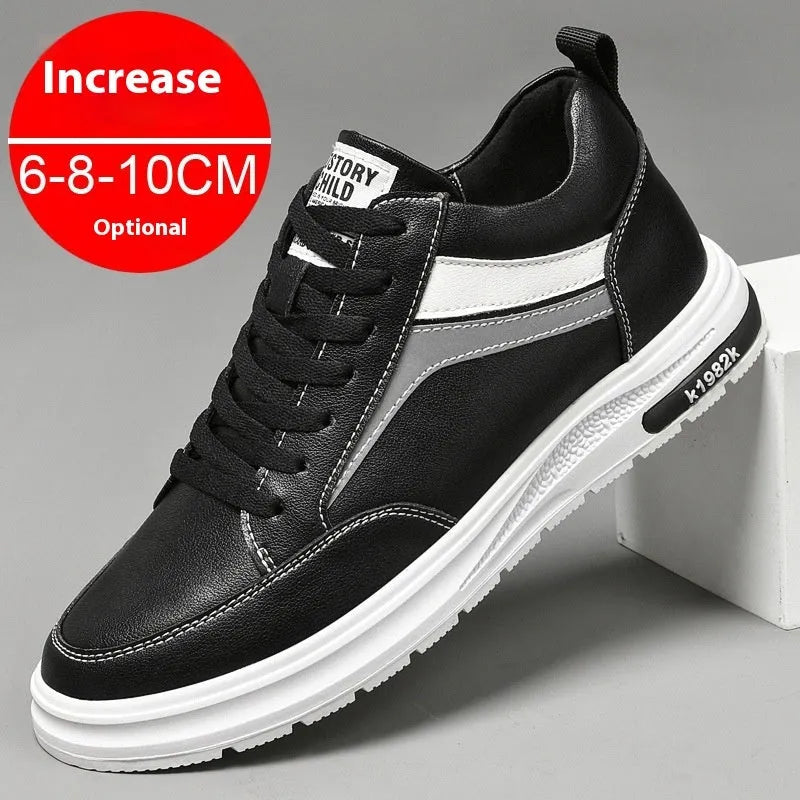 Men's Casual Sneakers Board Shoes Height Increasing Shoe with Rubber Sole and Microfiber Upper in Low-Top Style Suitable for Leisure Wear in White or Black with Flat, 6CM or 8CM Heel Options
