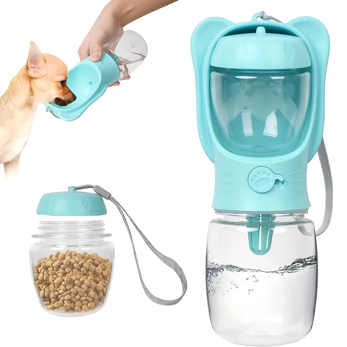 2 in 1 dog water bottle with food container in green, pink or white, 350ml or 550ml, leak proof portable pet dispenser