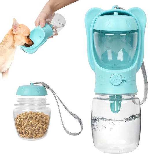 2 in 1 dog water bottle with food container in green, pink or white, 350ml or 550ml, leak proof portable pet dispenser