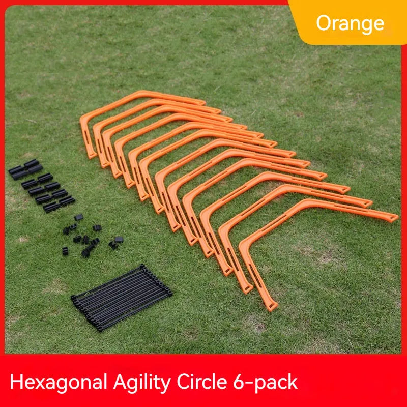 Set of six foldable hexagon football training rings in yellow, green and orange colours