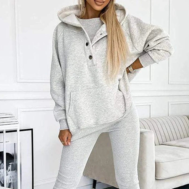 Women's 3-piece sports suit with hooded sweatshirt, vest, and slim trousers in various colours