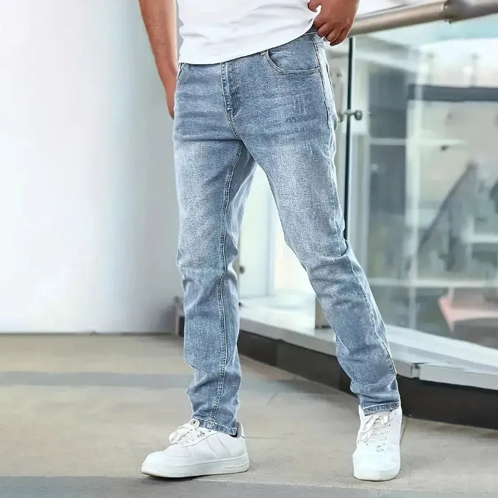 Men's stretch cotton spandex jeans in straight leg skinny cut, dark blue colour