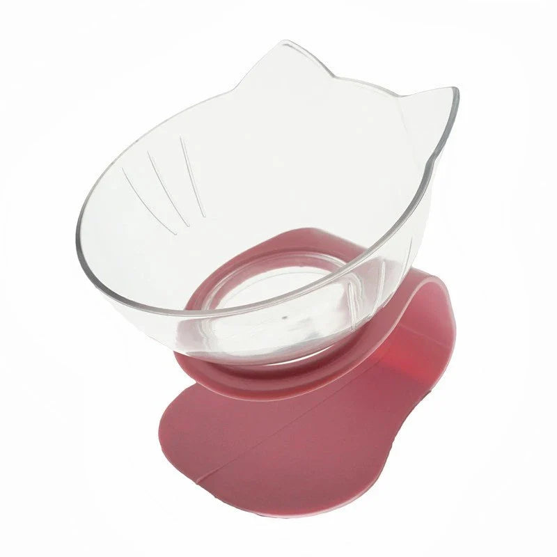 Tilted cat and dog bowls with raised stand, designed to reduce neck strain and protect cervical vertebrae.