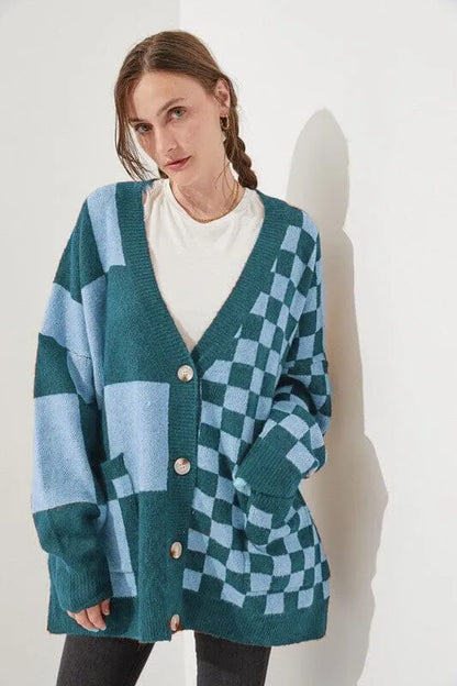 Loose fit knitwear cardigan with printed check pattern in wine red colour showing regular sleeves and slim styling